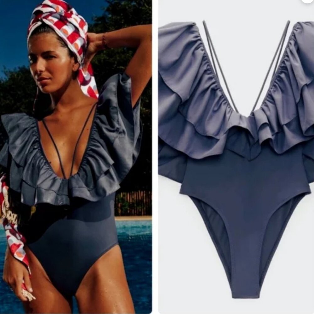 Zara Large Ruffle Strappy One Piece Swimsuit